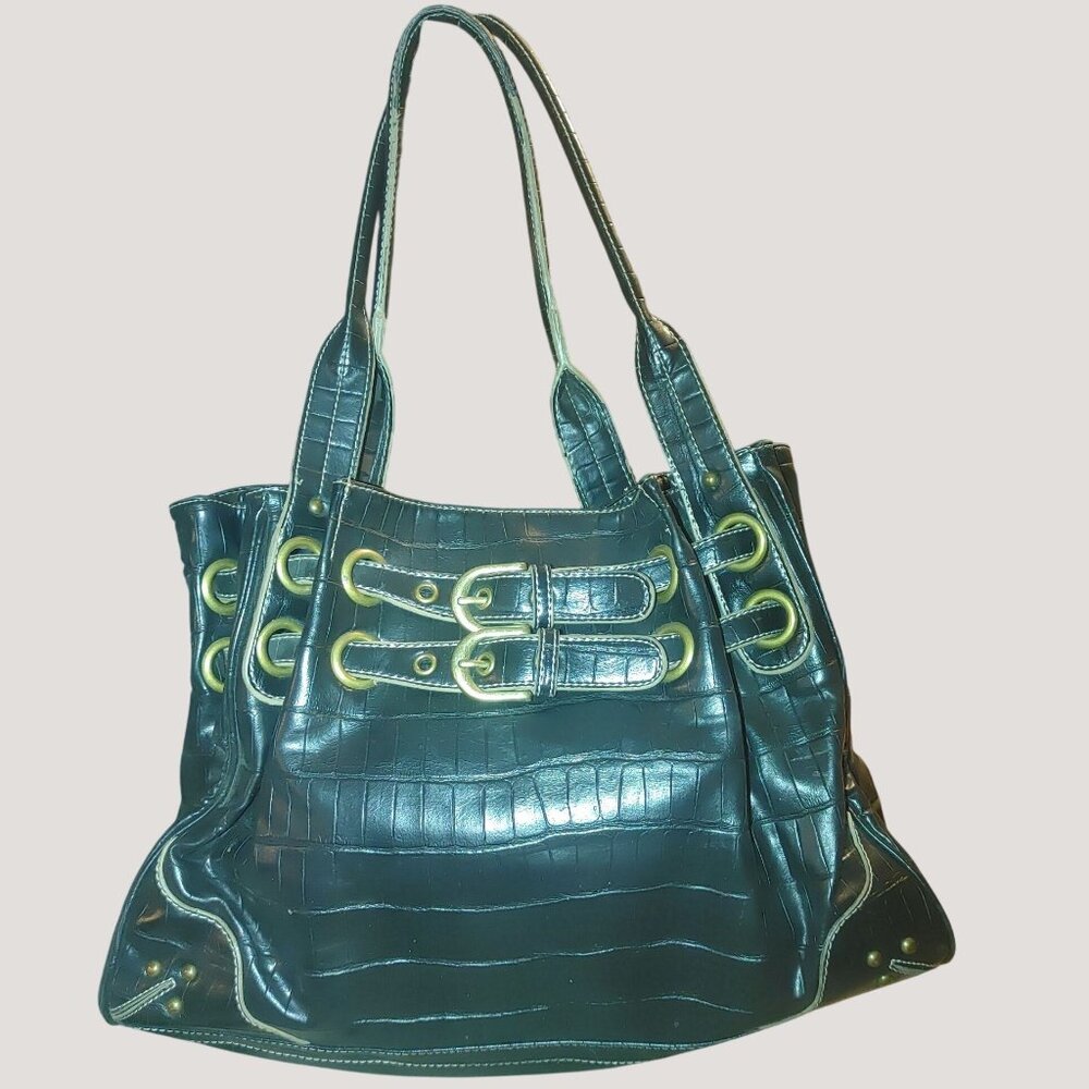 Prinzi Black Leather Handbag With Dual Buckle Design & Multiple Pockets